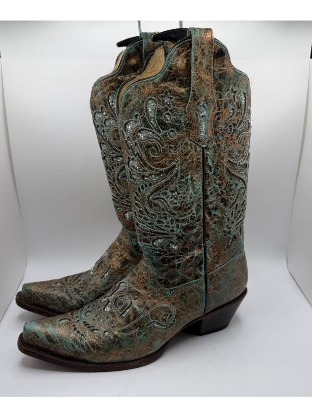 Corral Boots R1255 Women's 11M Bronze Turquoise Glitter Inlay Snip Toe Leather